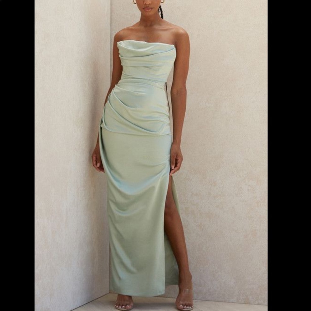 House of CB Adrienne Sage Satin Strapless Gown